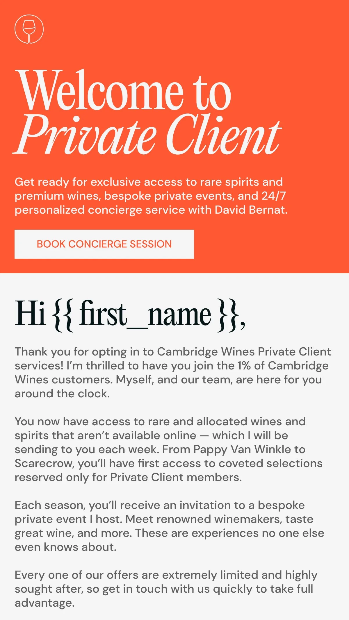 Private Client welcome email
