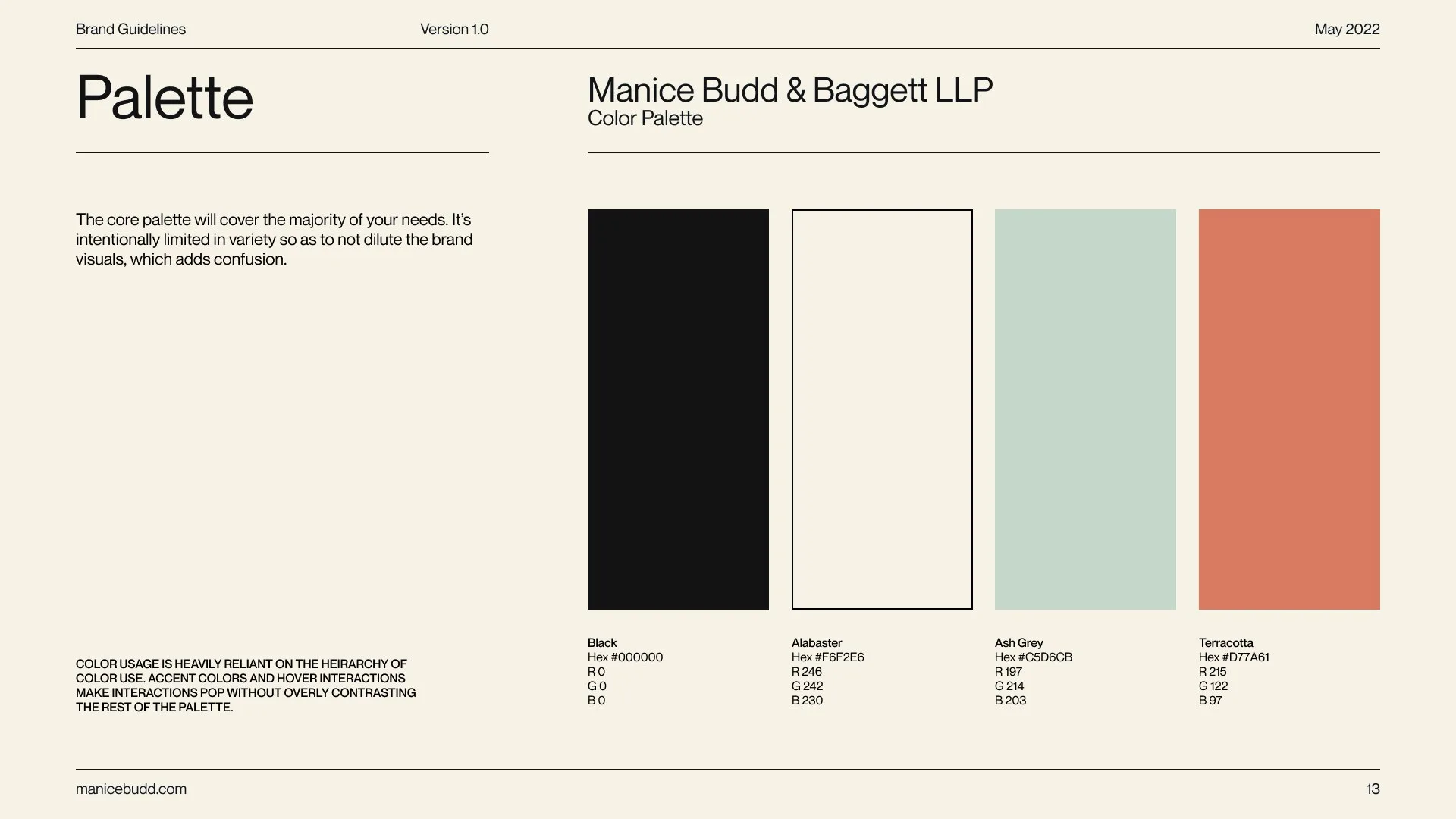 Manice Budd & Baggett, the identity in use