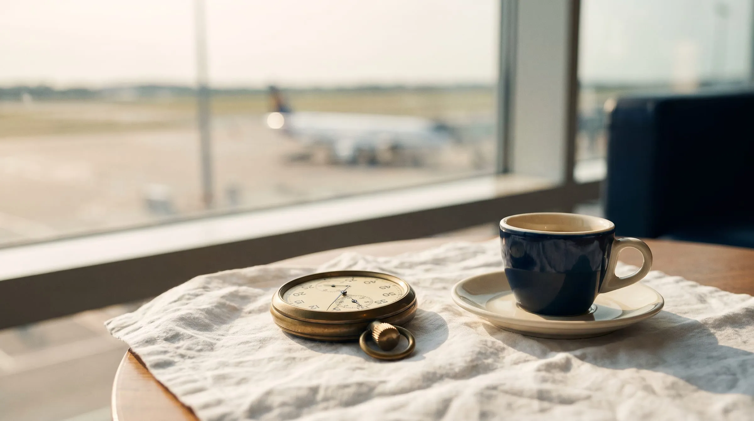 A pocket watch and a cup of coffee on a table by an airport window.